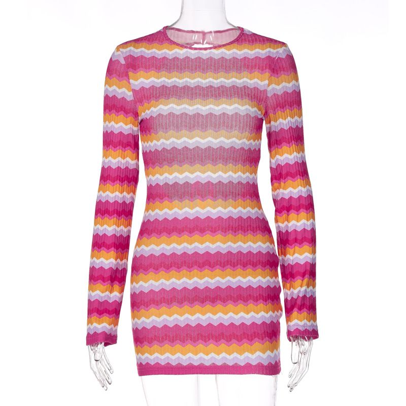 Women&#39;s Leaky Back Tie Hollow Long-sleeved Dress, Size: S, Color: Pink-1