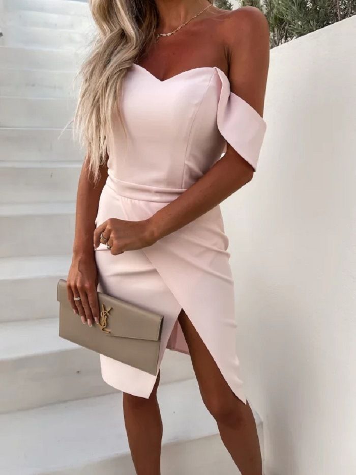Woman Fashionable One-shoulder Split Dress, Size: S, Color: Pink