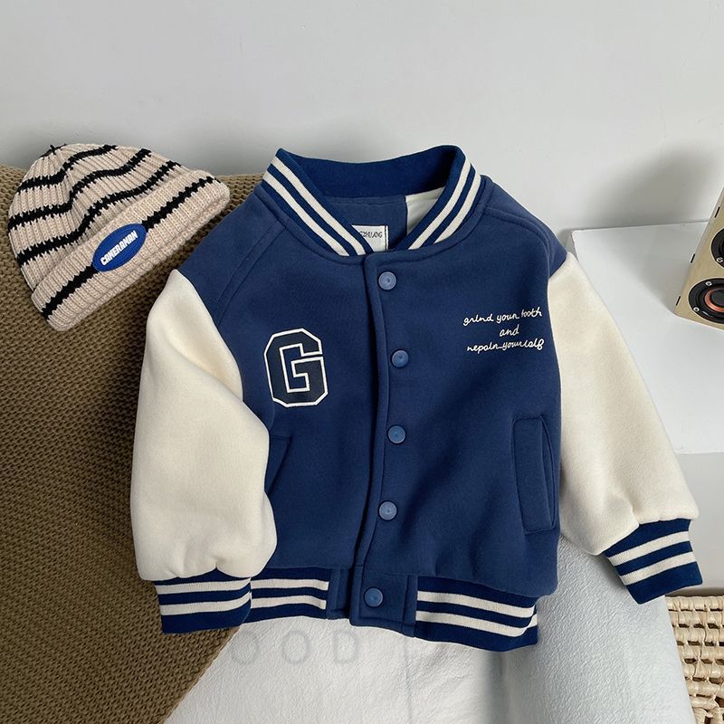 Boys Fleece Baseball Jacket, Suitable height: 90cm height 80-85cm, Color: Navy blue