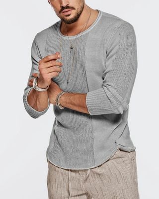 Men&#39;s Clothing Long-sleeved Round Neck shirt, Color: Light gray, Size: M