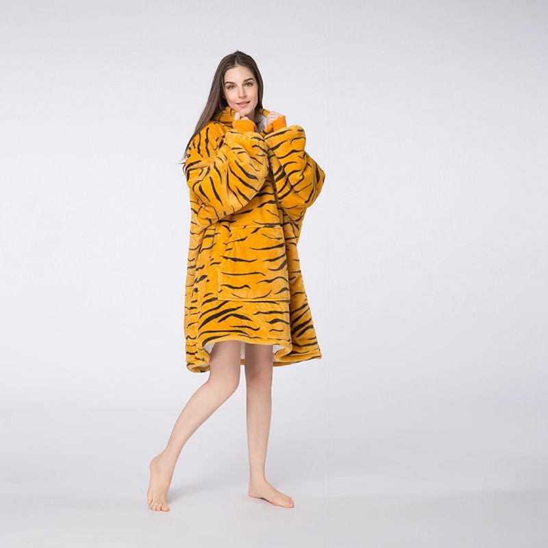 Night gown Clothing Pajamas Printed Flannel, Color: Tiger pattern-lazy clothes, Size: Double-sided flange cashmere adult