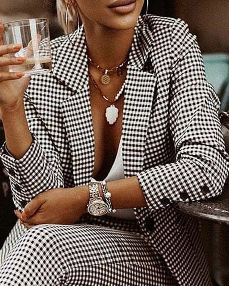 Women&#39;s spot-dot Clothing Plaid Slim Lapel Suit, Size: S, Color: Black&amp;white+lining
