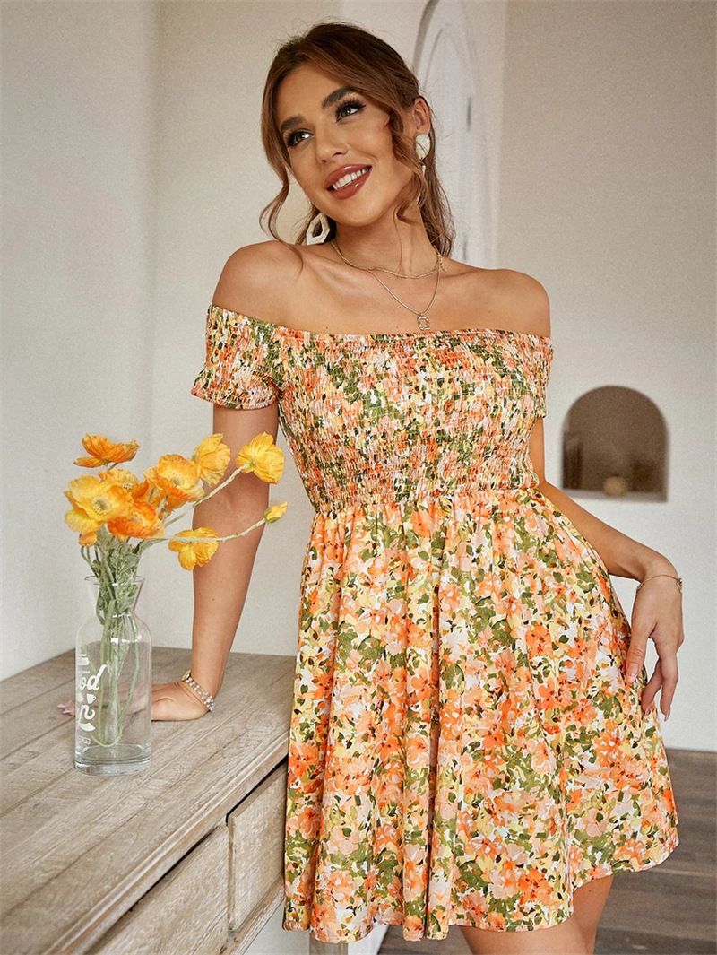 Women&#39;s Clothing Floral Collar Elegant Holiday Dress, Size: S, Color: Yellow
