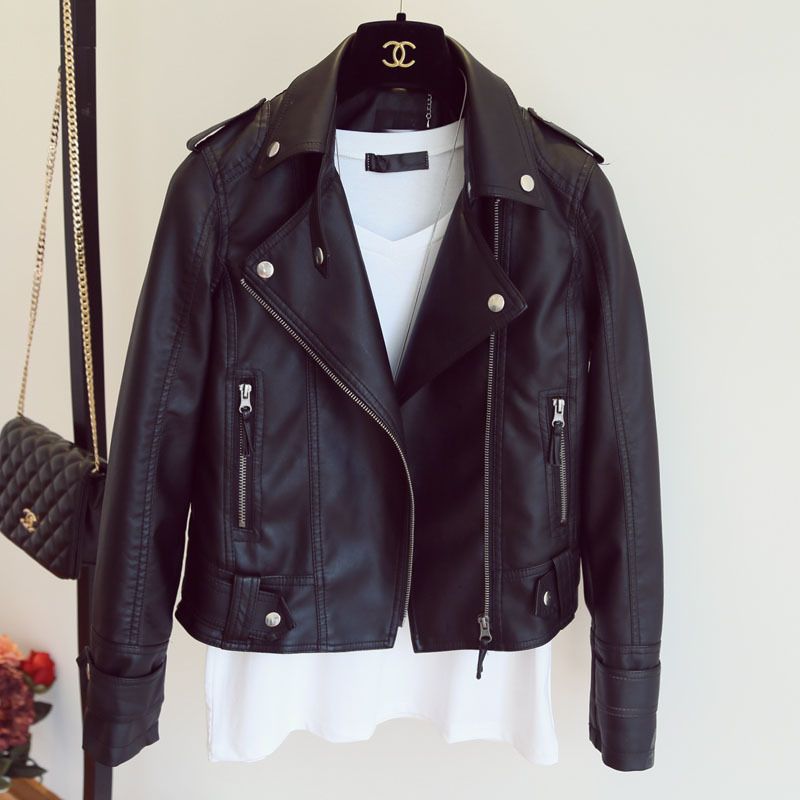 Women&#39;s Slim Short Washable Leather Jacket, Size: S, Color: Black