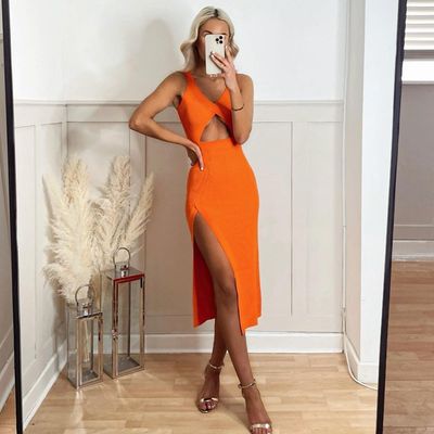 Sexy Hip Skirt Hollow Out Belly V-Neck Slit Dress