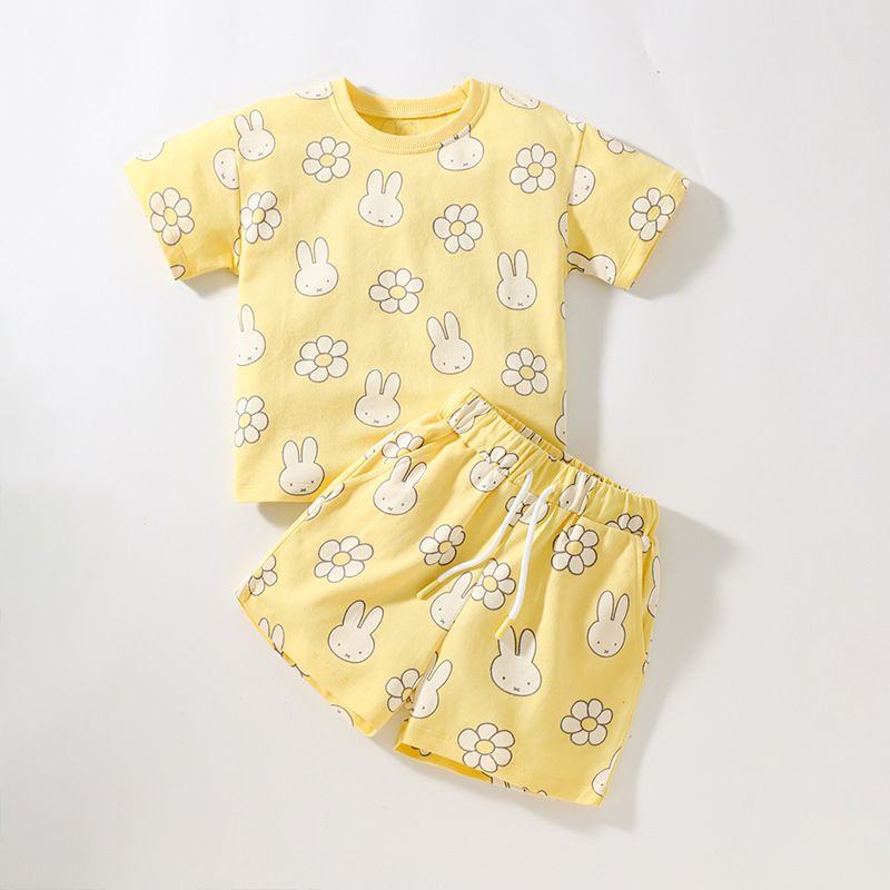 Children&#39;s Short-sleeved Pure Cotton Girl&#39;s Suit, Suitable height: 90cm, Color: 22004