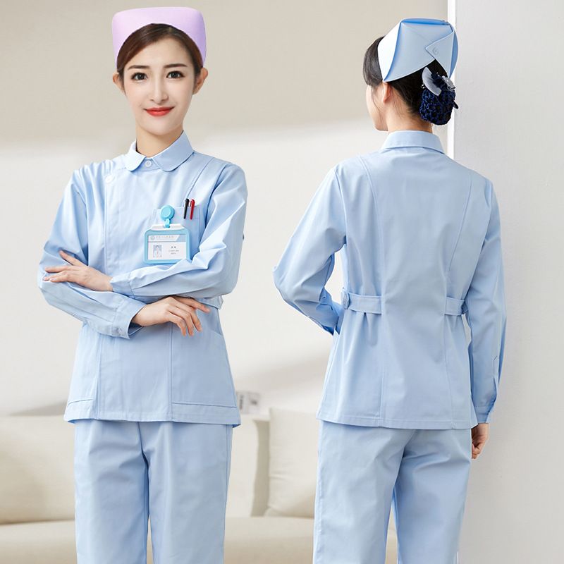 Nurse Clothing Women&#39;s Short-sleeved Split Suit, Color: Round neck side button long-sleeved blue top + pants set nurse uniform, Size: Xxl