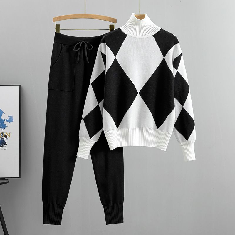 Women&#39;s High Collar Knitted Leisure Style Suit, Color: Black-1, Size: One size