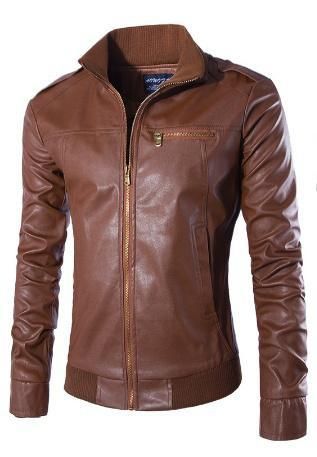 Men&#39;s Clothing: Motorcycle Slim Leather Jacket, Size: M, Color: Dark coffee