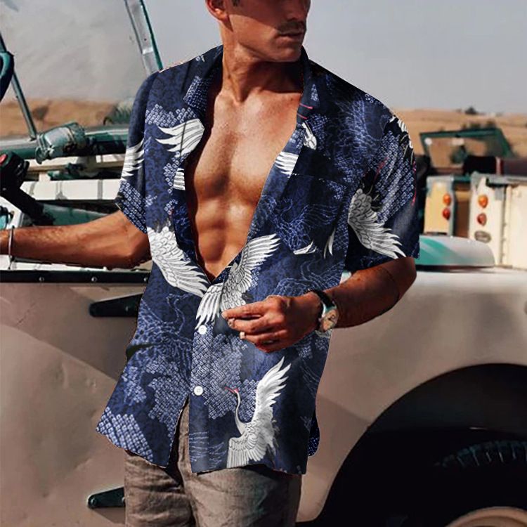 Men&#39;s Printed Short-sleeved Cardigan Shirt, Size: S, Color: Light blue