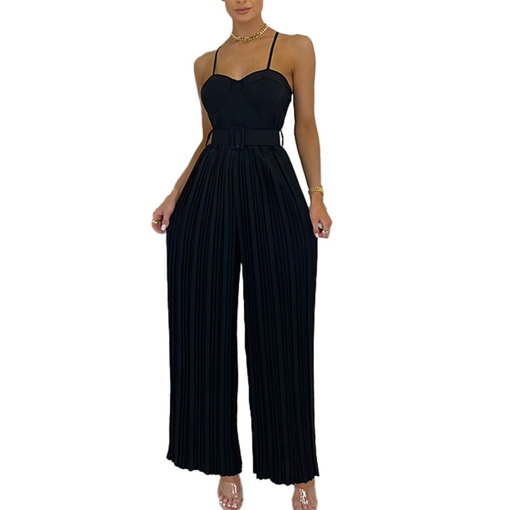 Women&#39;s Pleated Top Slim Fit Wide-leg Jumpsuit, Color: Black-1, Size: S