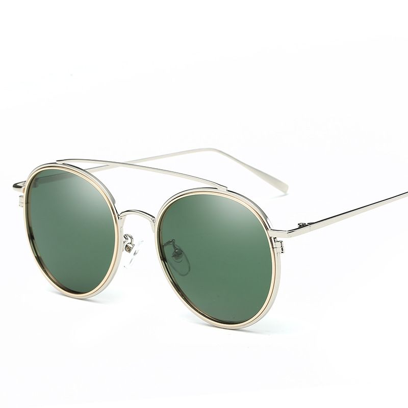 Women&#39;s Polarized round frame sunglasses, Color: Silver frame dark green film, Size: As shown in the picture