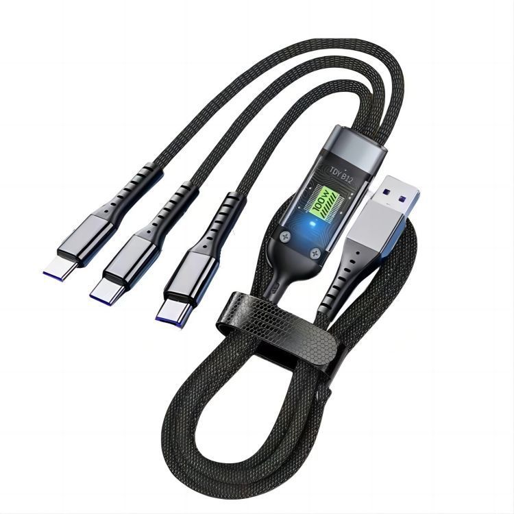 Super-Fast Charging Card 100w 3-in1 Cable, Model: Transparent mid-card one to three 1.2m (bare wire), Color: Black