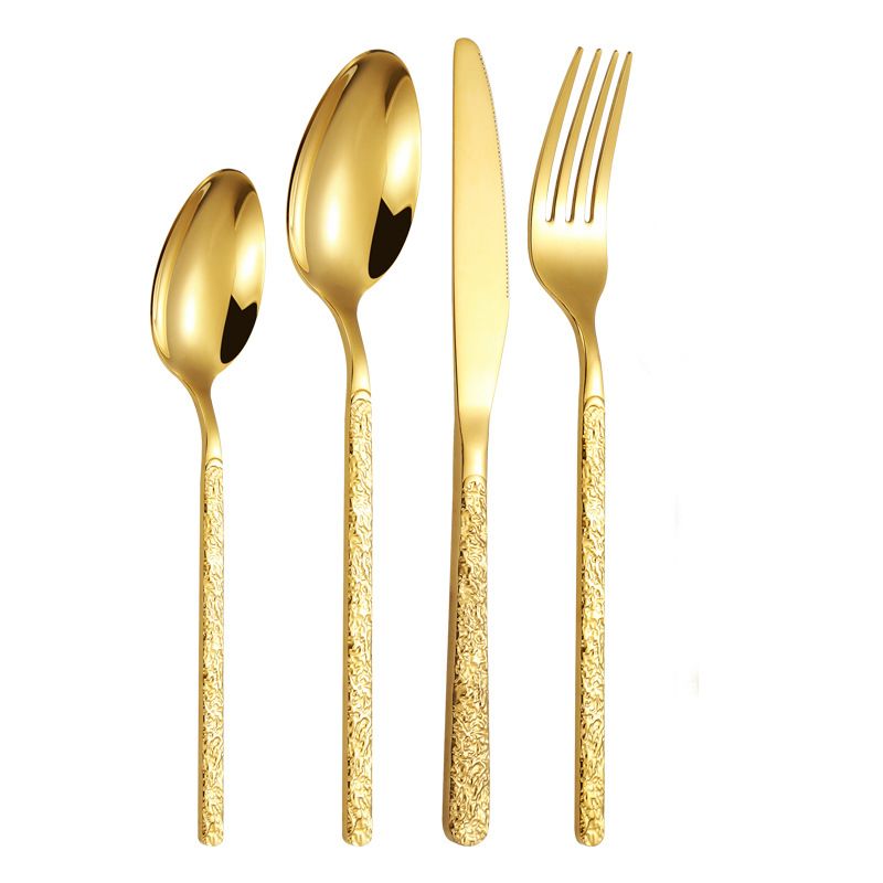 Stainless Retro Stone Embossed Cutlery Set Pattern, Specifications: Gold relief set of 4