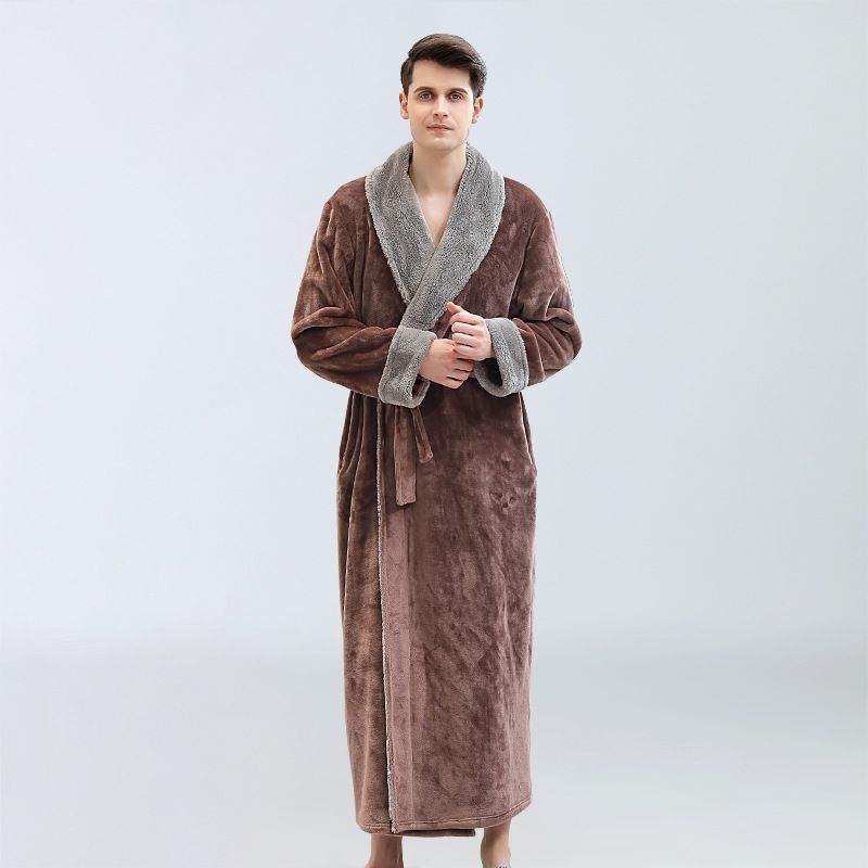 Men&#39;s Bathrobe Flannel Nightgown Pajamas, Color: Brown, Size: M (80- 120 catties)
