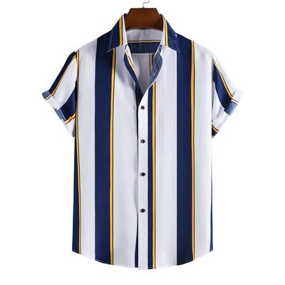 Men&#39;s Short-sleeved Loose Lapel Striped Shirt