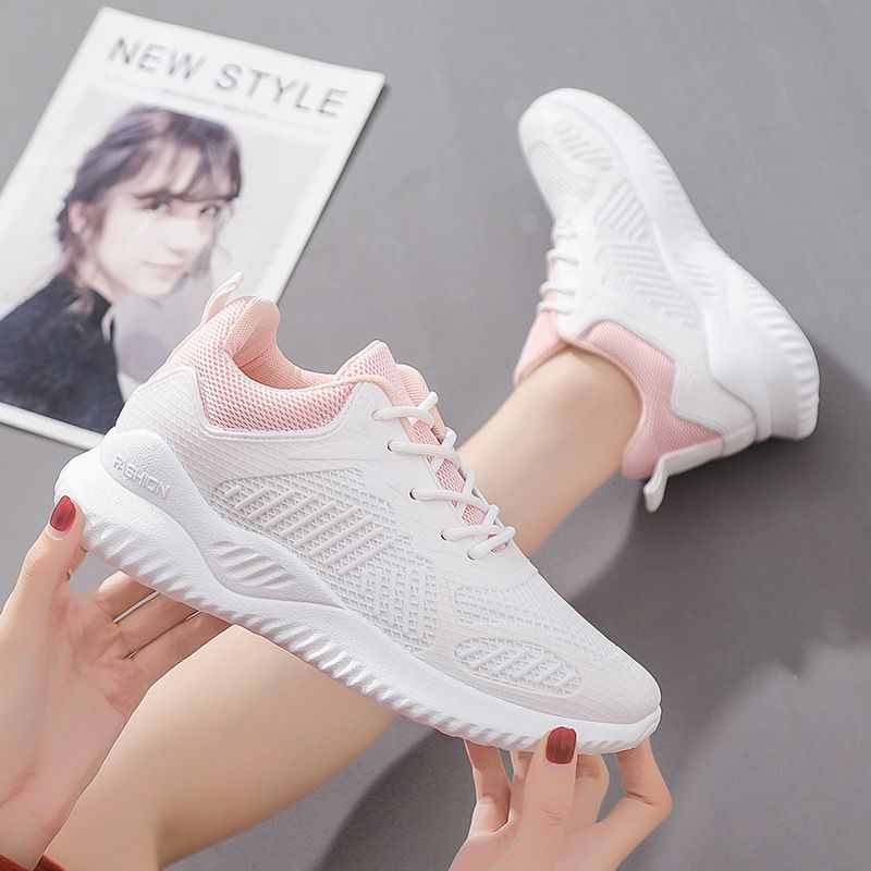 Women&#39;s Sports Shoes Lace-up Casual Running Shoes, Color: White pink, Size: 35