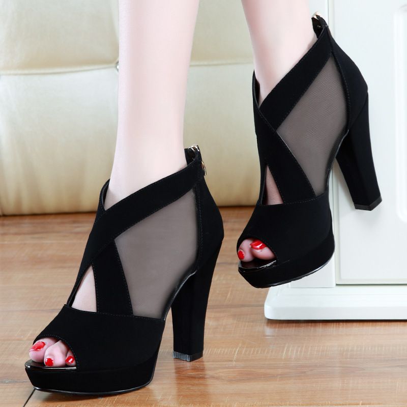 Women&#39;s Sandals High Heels One Open Toe Mesh Shoes, Size: 35, Color: Black