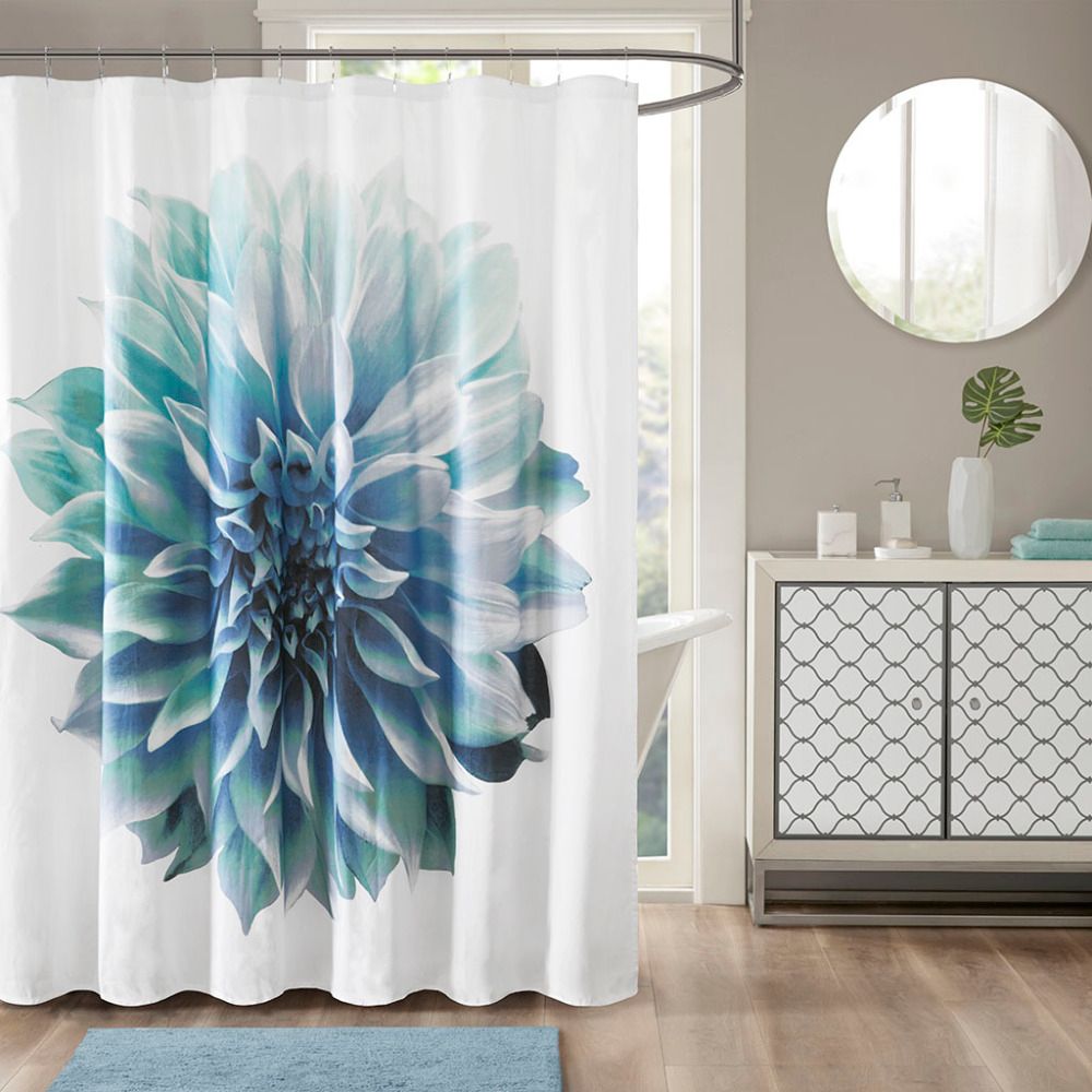 Printed Floral Cotton Shower Curtain, Options: Aqua+Cotton