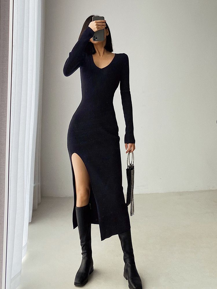 Women&#39;s Long-sleeved Slit High-waist package Dress, Color: Red, Size: One size