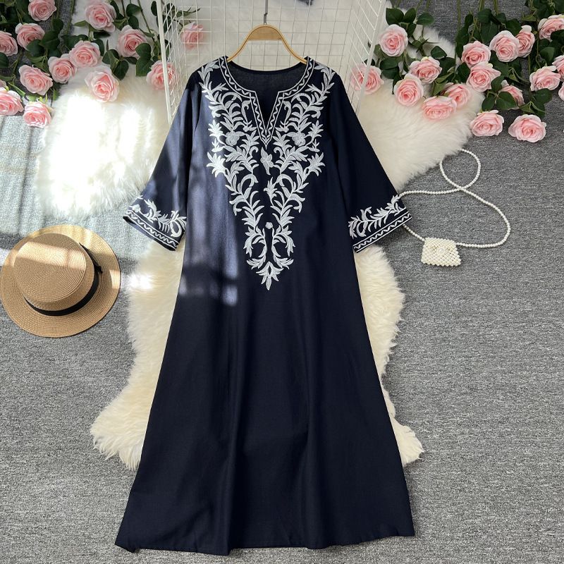 Women&#39;s Wear V-neck Big Swing Long Skirt, Color: Navy blue, Size: One size