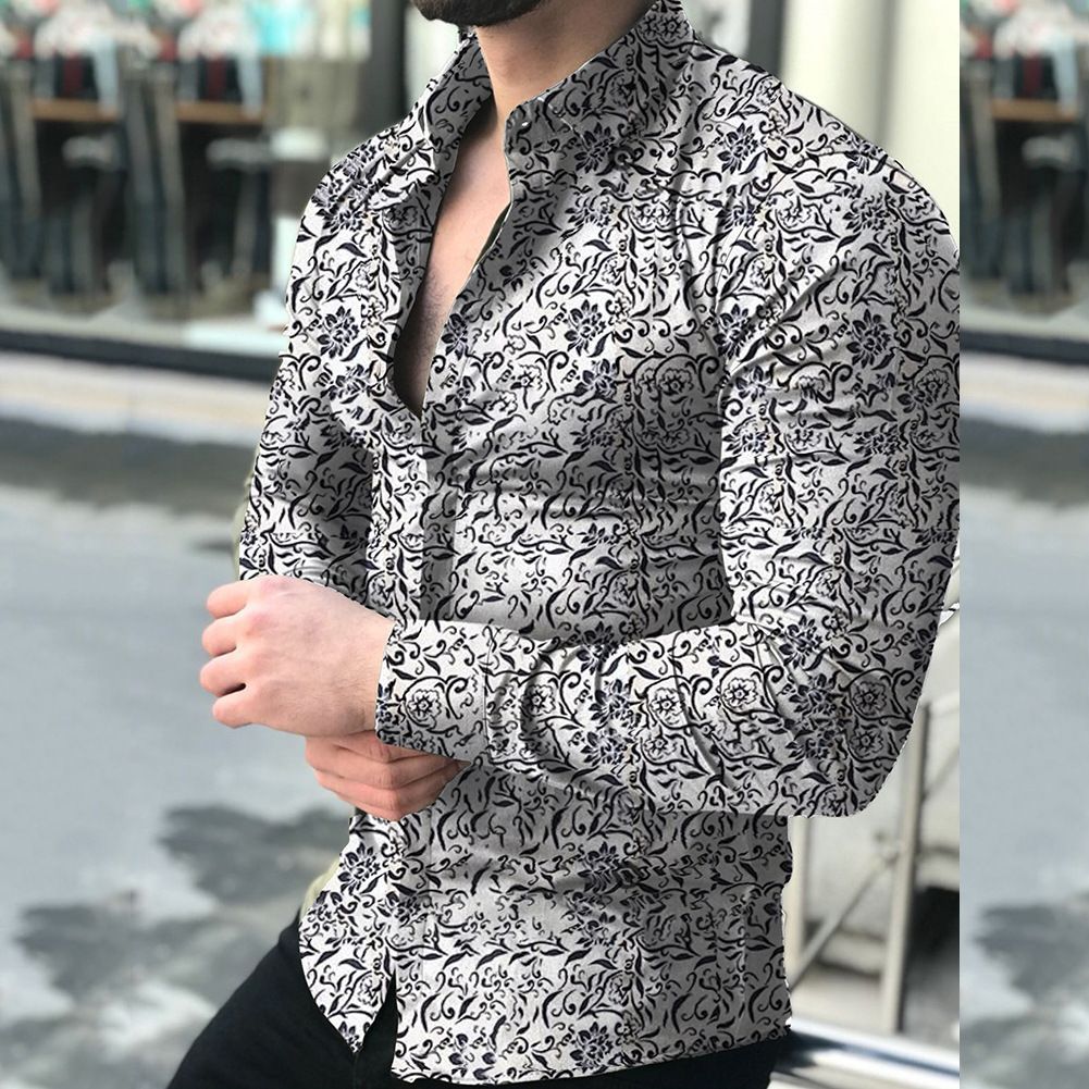 Men&#39;s Long Sleeve Printed Casual Slim Shirts, Size: M, Color: White