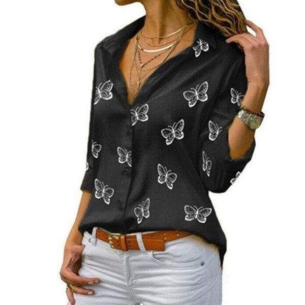 Butterfly Printing Loose Lapel Blouse, Color: black, Size: S