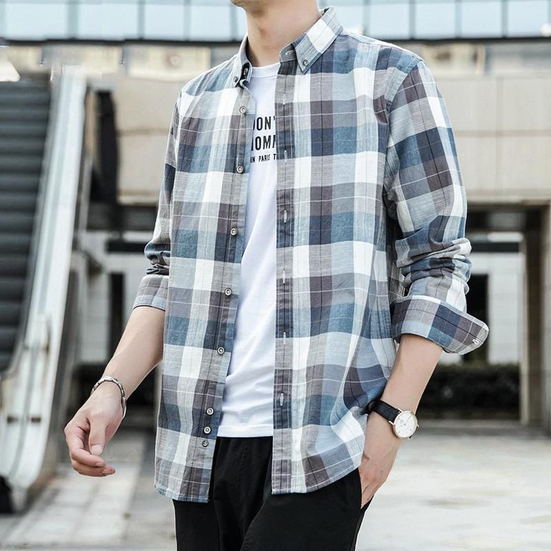 Men&#39;s Casual Large Plaid Slim Casual Shirts, Size: S, Color: Blue grid