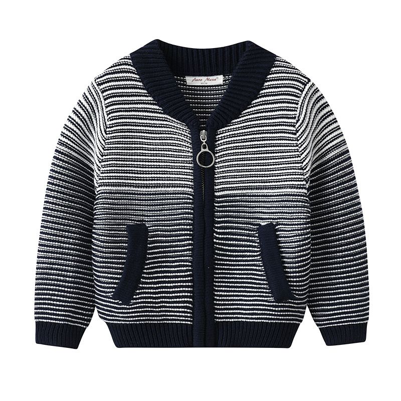 Boys Knitted Children&#39;s Striped Cardigan Jackets, Suitable for height: 110cm, Color: Navy blue