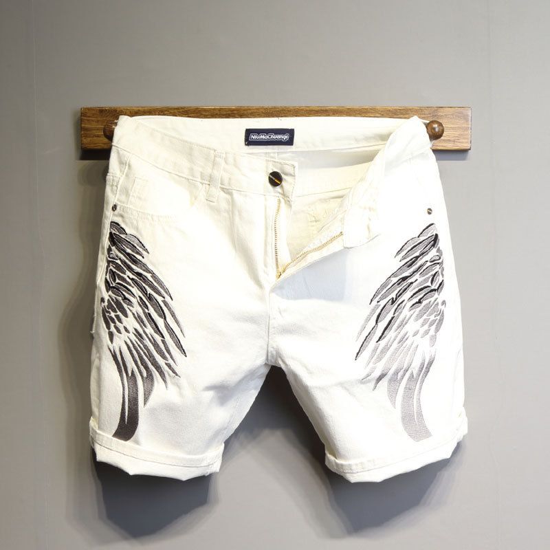 Men&#39;s Embroidery White Denim Shorts, Size: 28 is suitable for 100-110 catties, Color: White