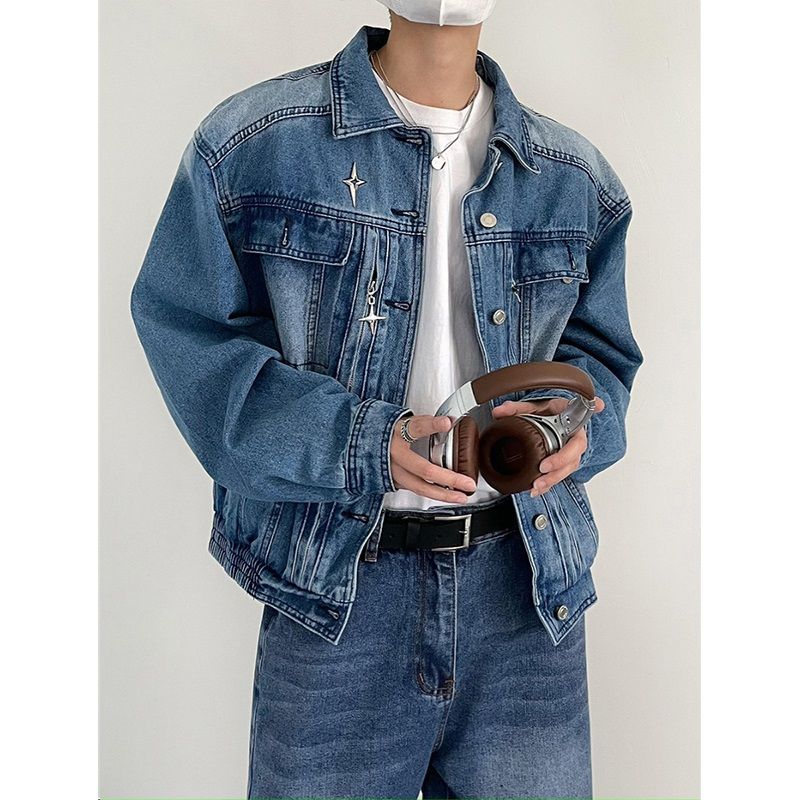 Men&#39;s Shoulder Denim Washed Short Jacket, Size: Inside m100catty, Color: Blue-1