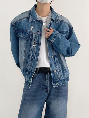 Men&#39;s Shoulder Denim Washed Short Jacket