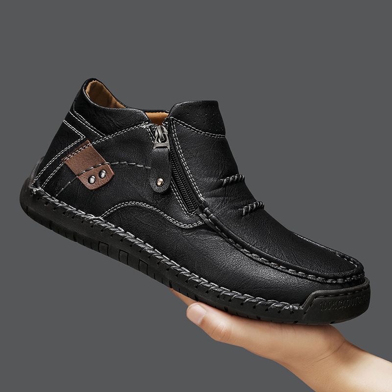 Men&amp;#039;s Shoes, Casual And Versatile, Outdoor Casual Slip-On Flat Handmade Leather Shoes, Spring High-Top, Size: 38, Color: 9930 black