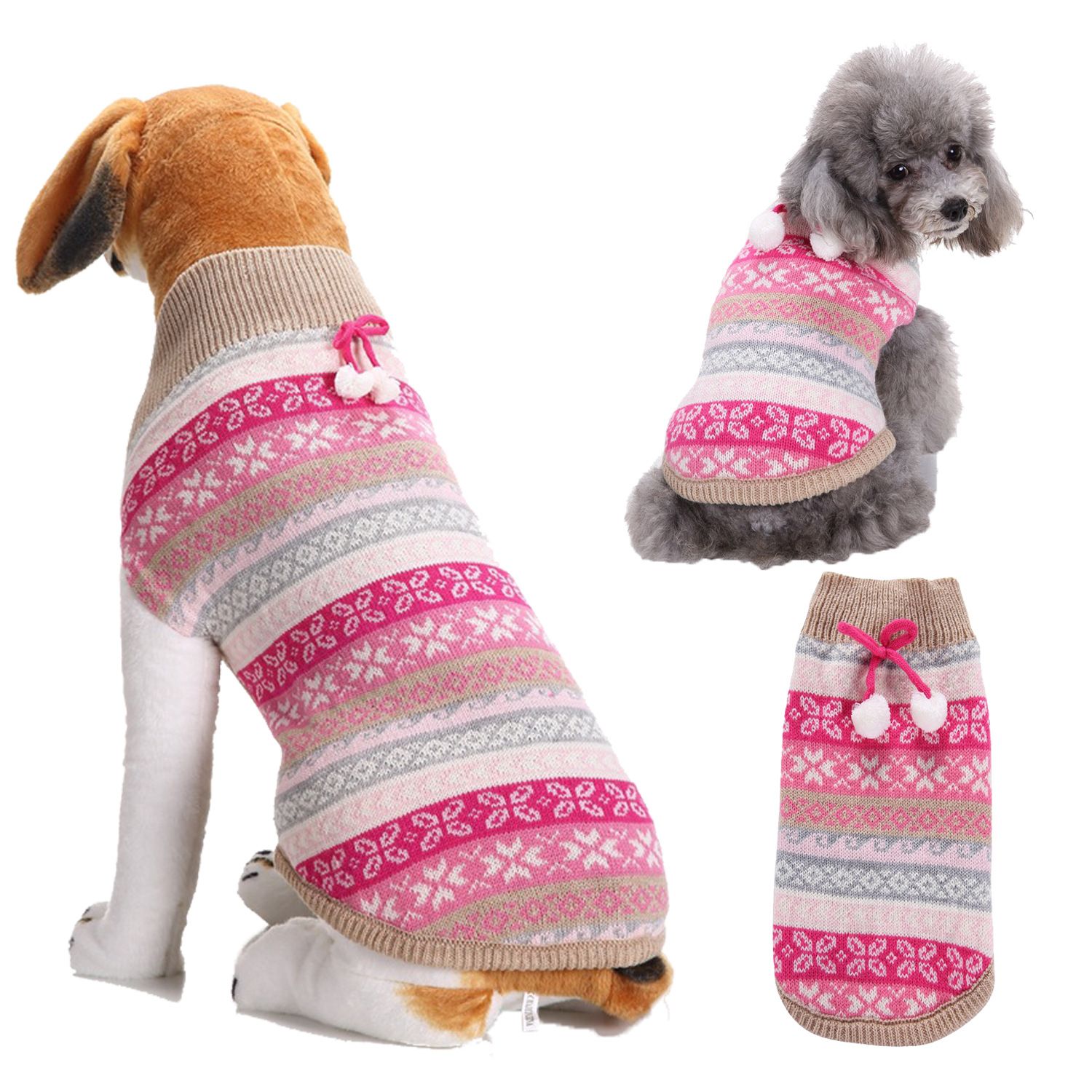 Dog Clothes Pet Puppy Sweater Cat Sweater Christmas Pet Clothes Knitted Big Dog Autumn And Winter, Color: Pink hanging white bells, Size: XXS