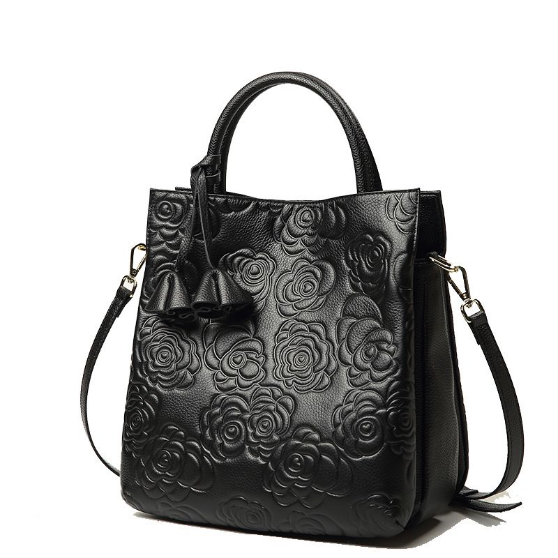 Genuine Leather Women&amp;#039;s Bag Genuine Goods Cowhide Bag 2025 New Camellia Flower Handbag Fashion Large Bag Shoulder Crossbody Bag, Color: Black (top layer cowhide in stock)