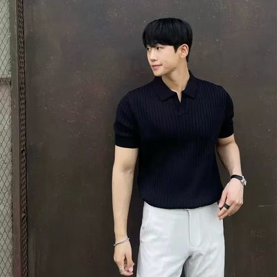 Summer Ice Silk Men&amp;#039;s Lapel POLO Short-sleeved T-shirt Thin Shirt Fashionable V-neck Striped Knitted Bottoming Shirt Men