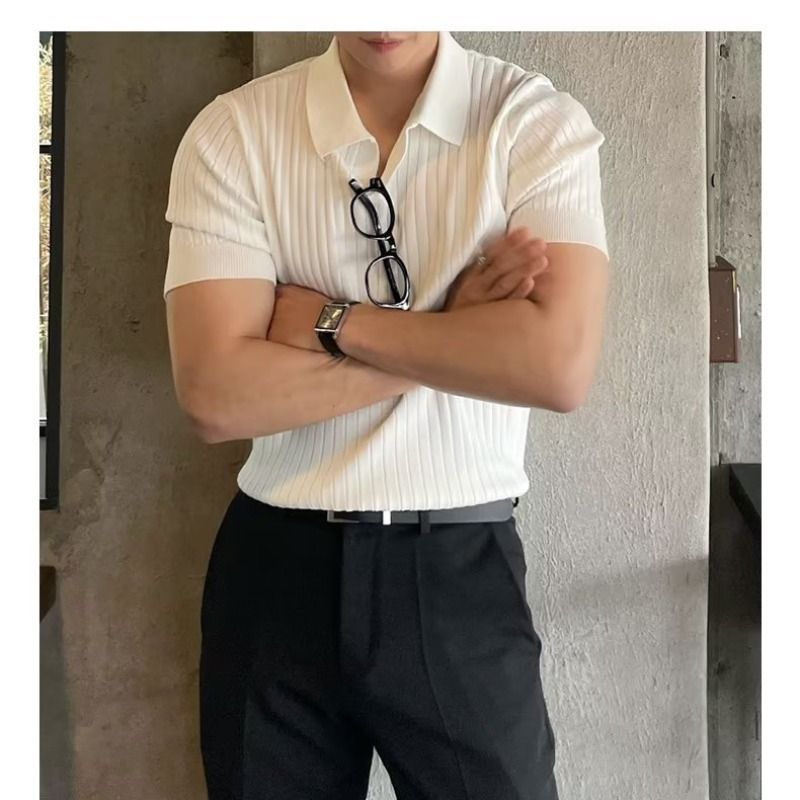 Summer Ice Silk Men&amp;#039;s Lapel POLO Short-sleeved T-shirt Thin Shirt Fashionable V-neck Striped Knitted Bottoming Shirt Men, Size: M, Color: White