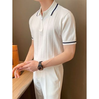 Short-Sleeved Lapel Casual Knitwear, Simple Small Fragrant Style Concave And Convex Stripesd Half-Zip Trendy Men&amp;#039;s Polo Shirt
