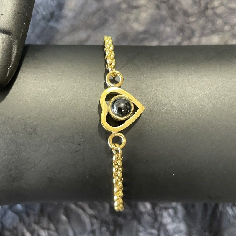 Simple Titanium Steel Mirror Love Couple Projection Bracelet Bracelet 100 Languages I Love You Color Photo Customization, Color: Titanium steel plated with gold