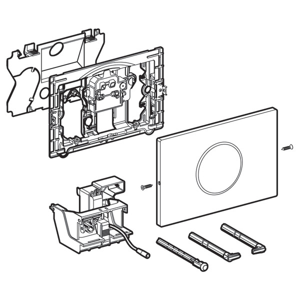 Plaque de finition électronique infrarouge Geberit Sigma10, en acier inoxydable, démontée avec vis et pièces de montage visibles.