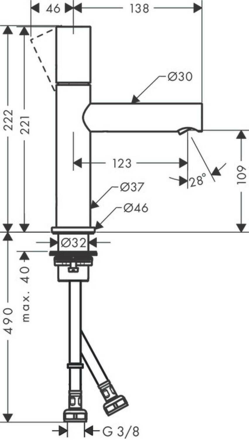 Mitigeur de lavabo AXOR Uno 110 avec poignée zéro et bonde à écoulement libre en doré poli