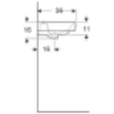 Évier carré en céramique Geberit Smyle de 45 cm avec trou de robinet central et trop-plein visible.
