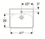 Évier carré en céramique Geberit Smyle de 45 cm avec trou de robinet central et trop-plein visible.