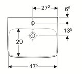 Vasque carrée en céramique Geberit Selnova Smyle C de 55 cm avec trou de robinet central et trop-plein visible.