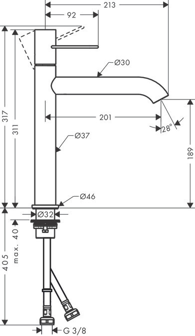 Mitigeur de lavabo AXOR Uno 200 poignée étrier avec bande à écoulement libre