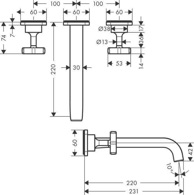 Mélangeur de lavabo 3 trous encastré AXOR Citterio E 220 mm en laiton chromé — vue 3