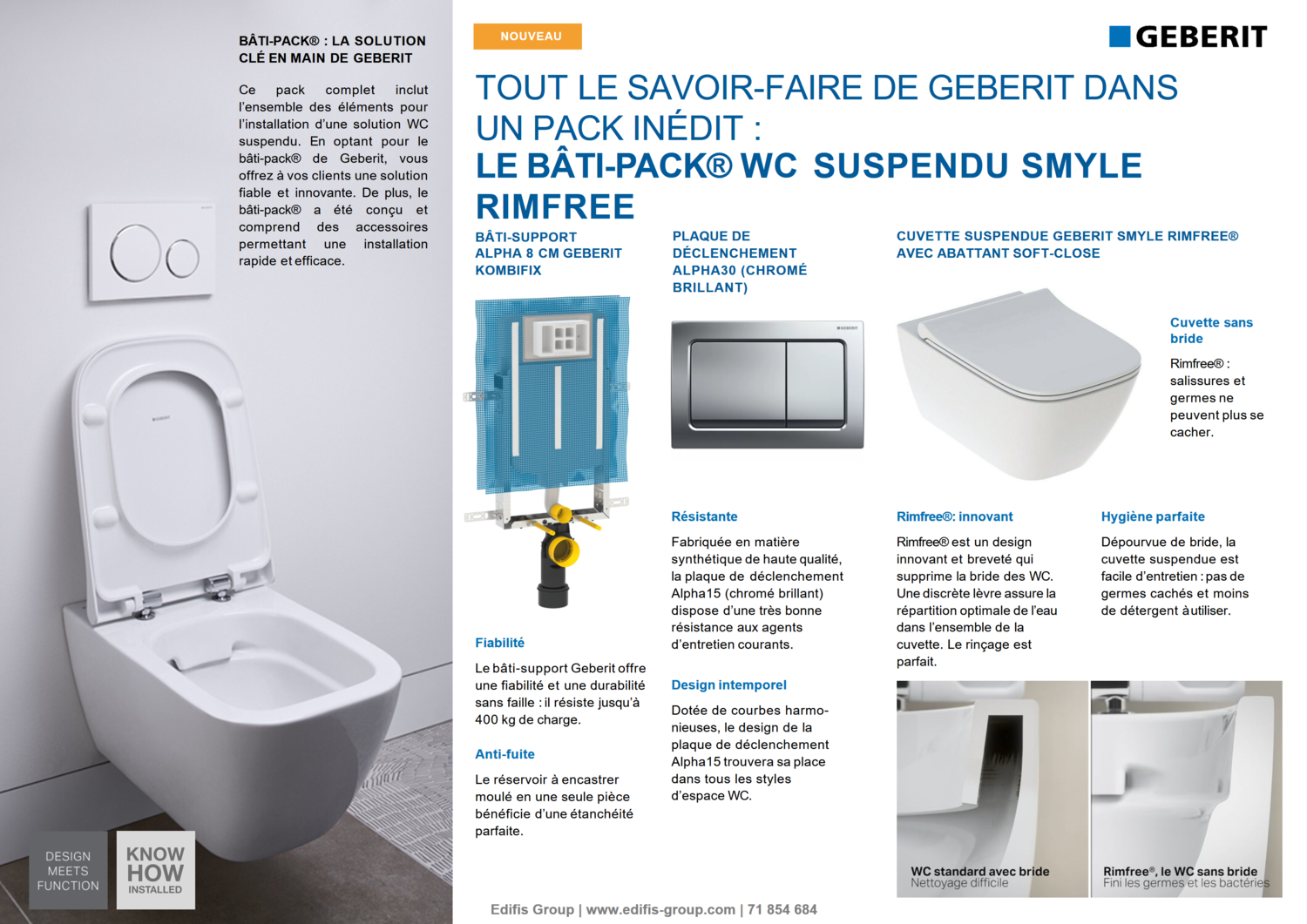 Bâti-pack® WC suspendu Geberit Smyle Rimfree avec plaque design Alpha 30