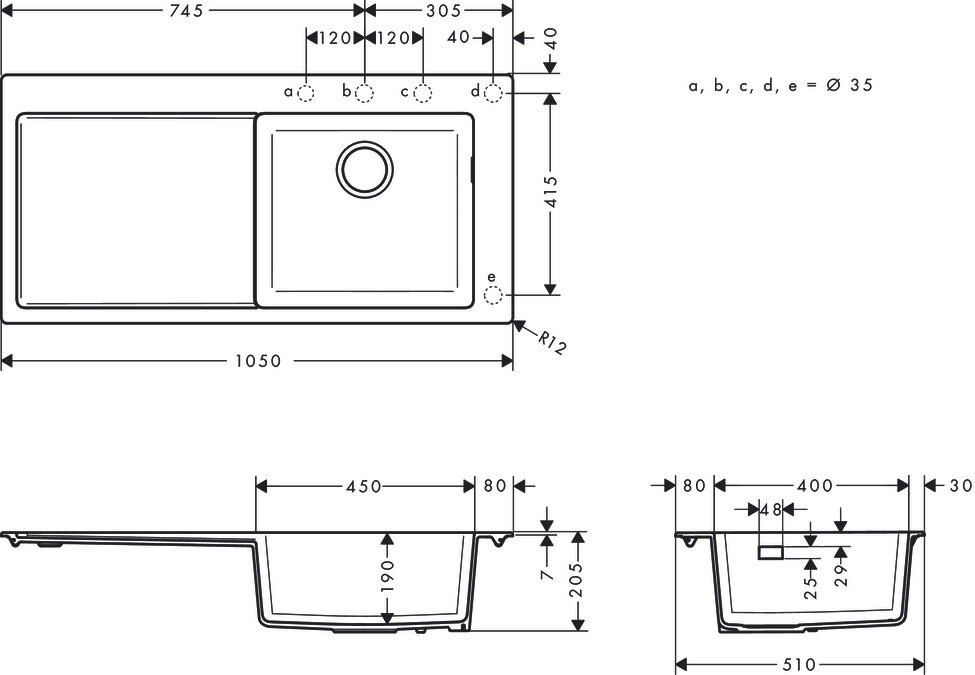 Évier de cuisine Hansgrohe encastré simple bac 105 cm avec égouttoir en finition noir graphite — vue 5