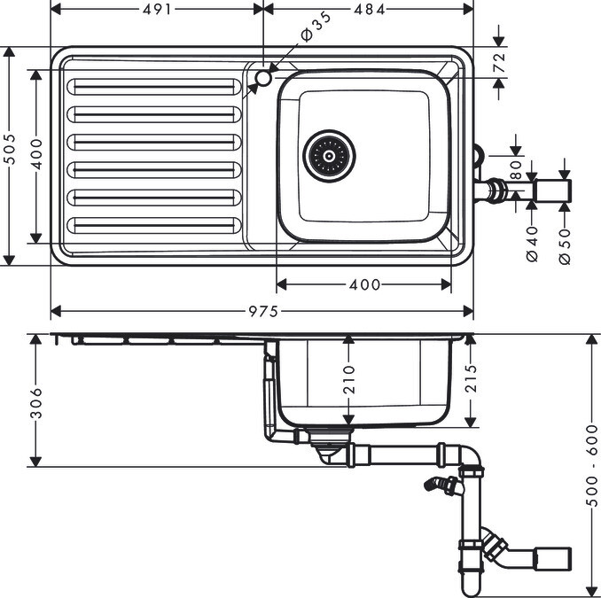 Évier de cuisine Hansgrohe encastré simple bac 40 x 40 cm avec égouttoir en acier inoxydable brossé — vue 4