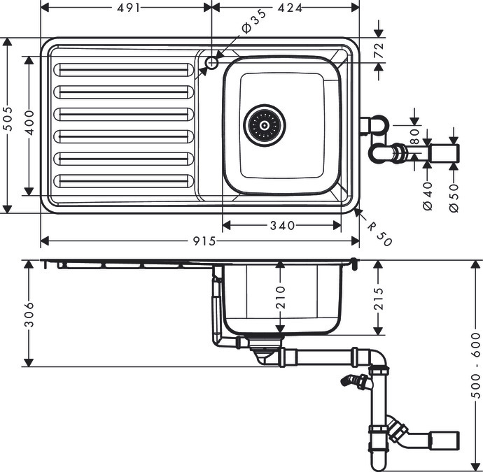 Évier de cuisine Hansgrohe encastré simple bac 34 x 40 cm avec égouttoir - vue 6